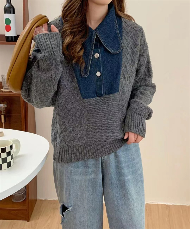 Ladies Charcoal Acrylic Knit Relaxed Notch Collar Pullover