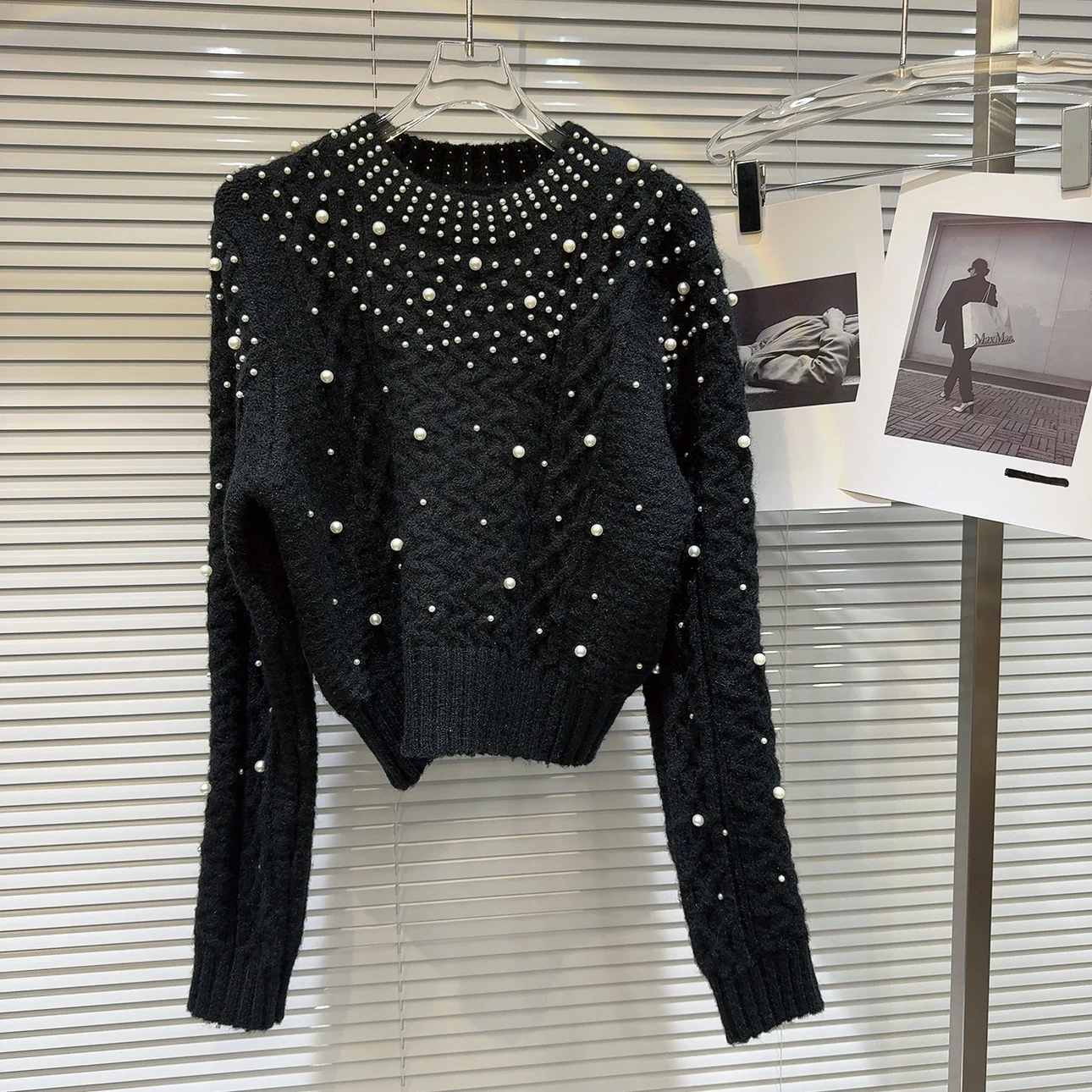 Ladies Beaded Mesh Crew Sweater
