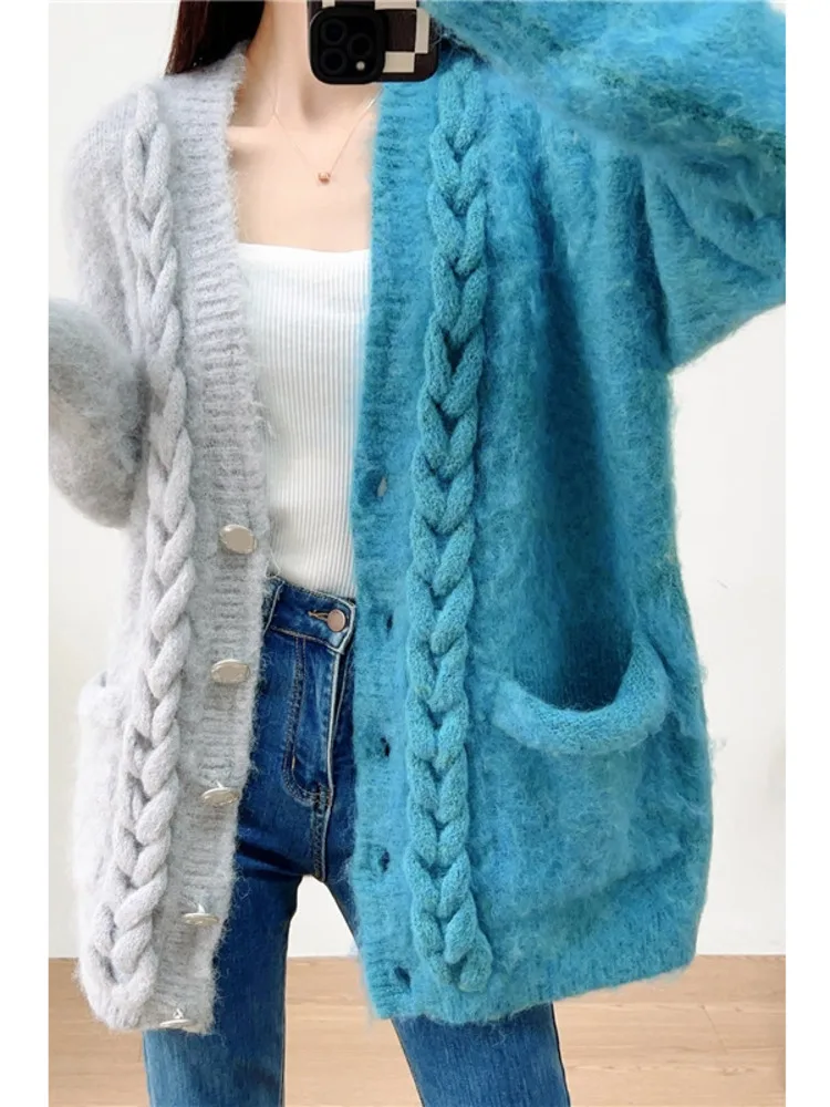 Ladies Colorblock Chunky Oversized Knitted Cardigan