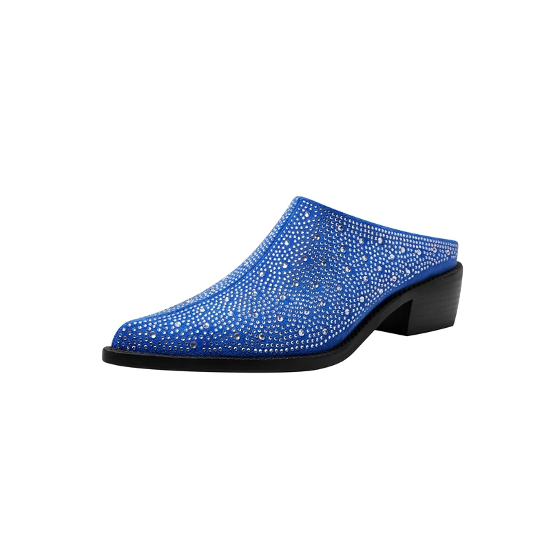 Ladies Tapered Toe Chunky Suede Crystal Mules