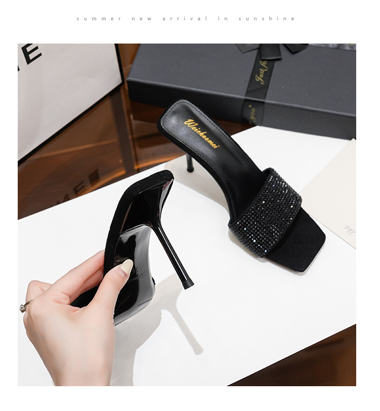 Square toe black rhinestone strap sandals stiletto high heel sandals for women