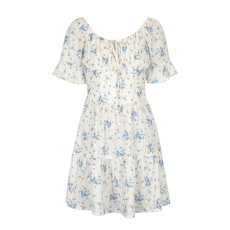 U Neck Puff Tie Waist Frilled Midi Dress
