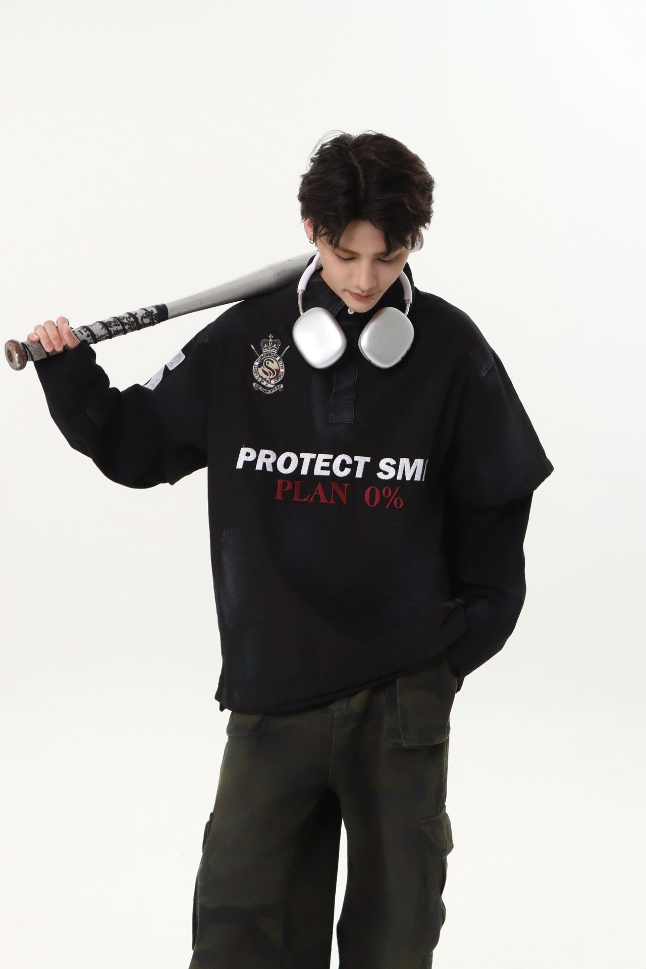 Heavyweight Cotton Long Sleeve Faux-Layered Button-Up Letter Hoodie