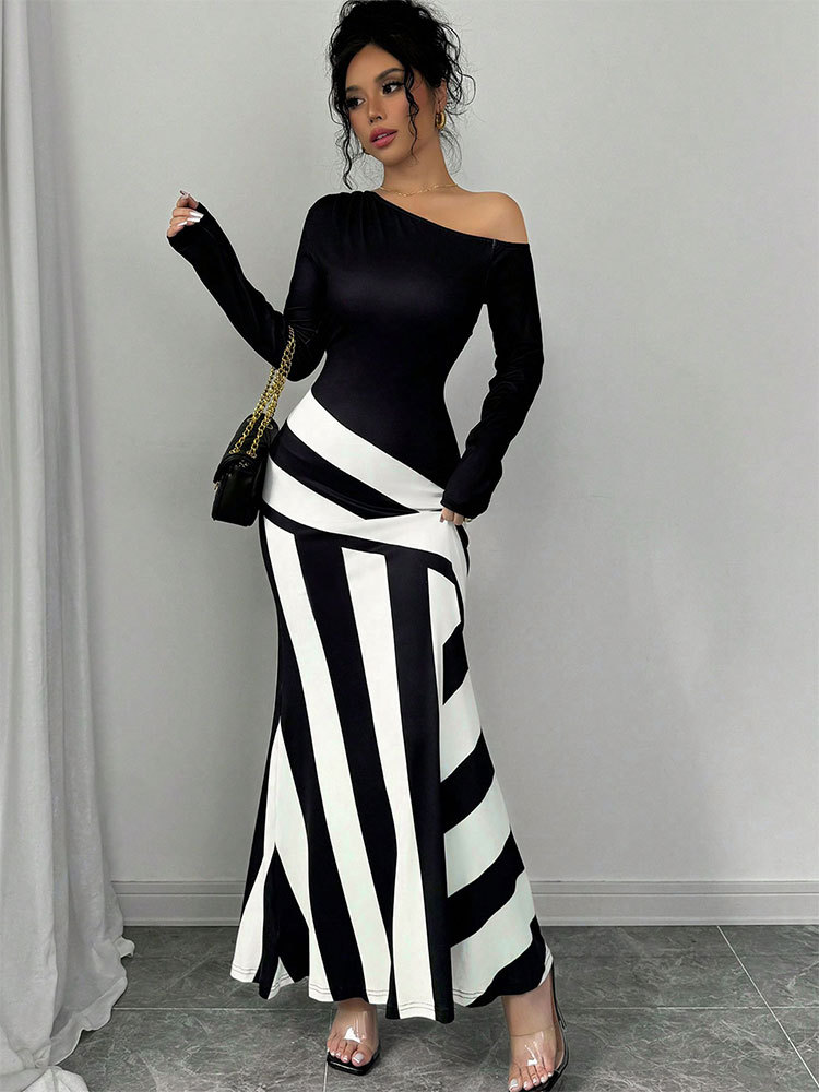 Ladies Long Sleeve Polyester Asymmetric Pattern Dress
