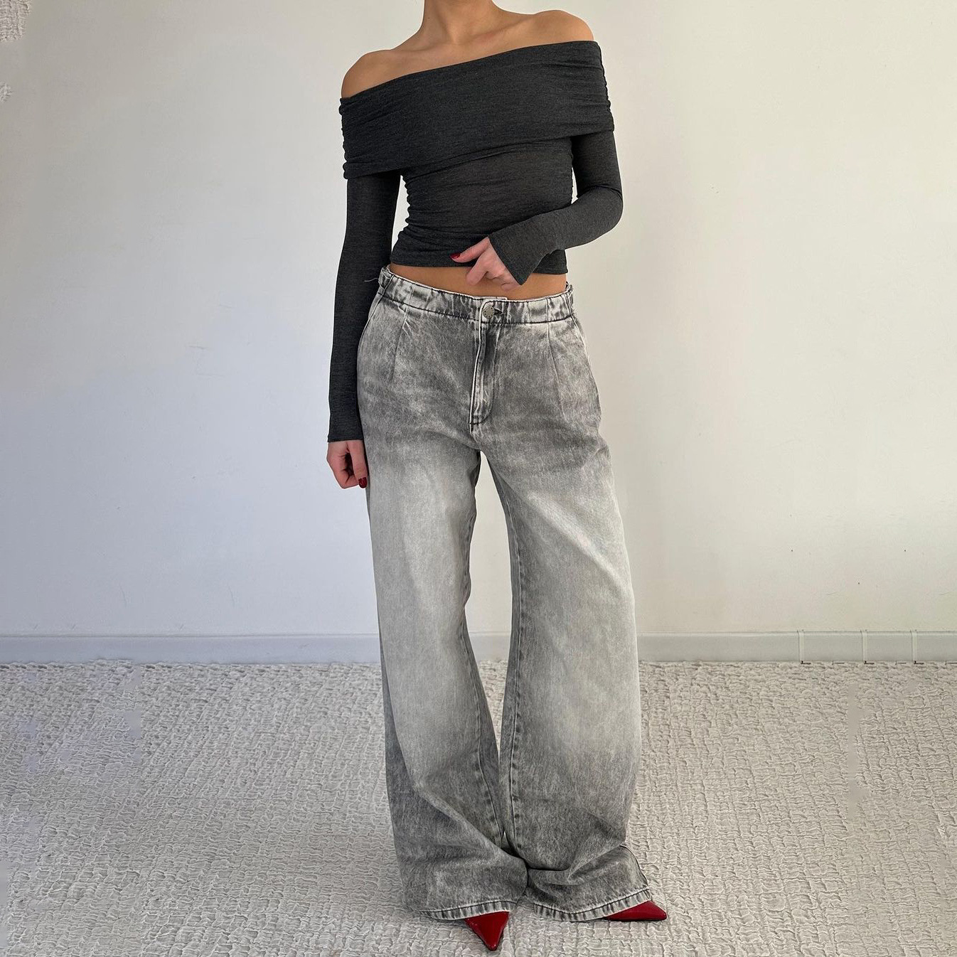 Low Waist Distressed Denim Trousers Street Retro Washed Wide Leg Jeans for Women