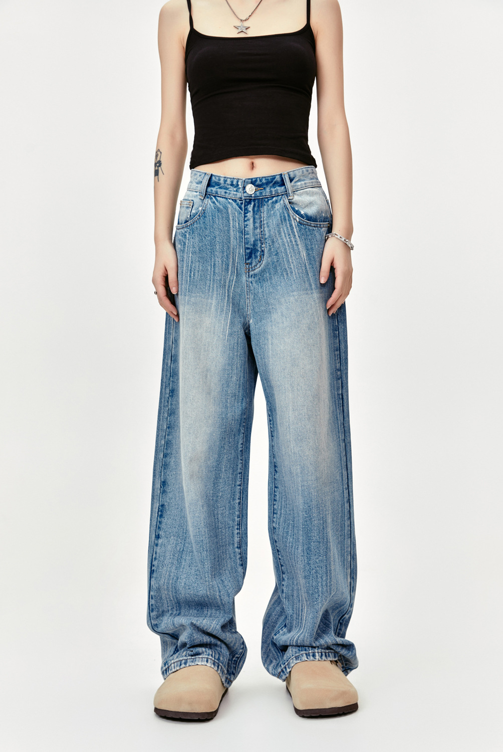 Washed Design Streamline Scratch Oversize Floor-Length Denim Pants