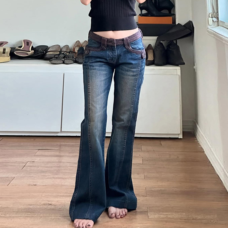 Street Motorcycle Retro Style Patchwork Color Block Flare Denim Pants Slim Fit Casual Long Trousers