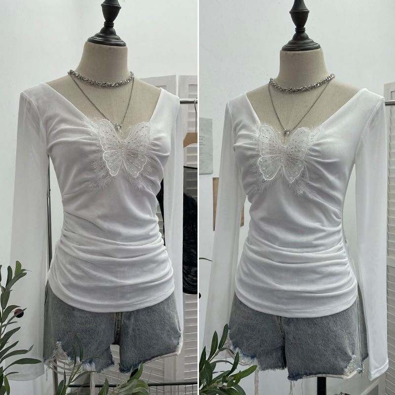 Plunging Neckline Long Sleeve Slim Fit Top
