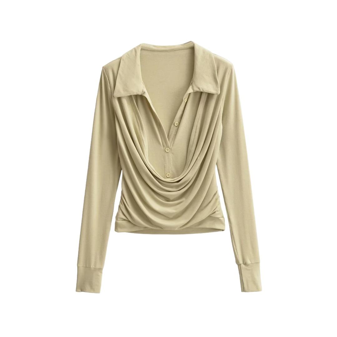Plain Full-Arm Dropped-Neck Frill Double-Layer Slim-Fit Cropped Tee