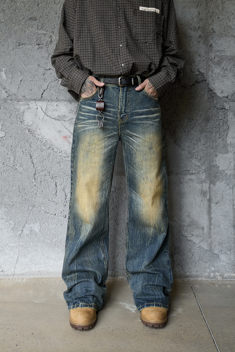 Washed Cat-Whisker Yellow Mud-Dyed Knife-Edge Jeans Women Cleanfit Washed Ripped Versatile Slightly Flared Pants