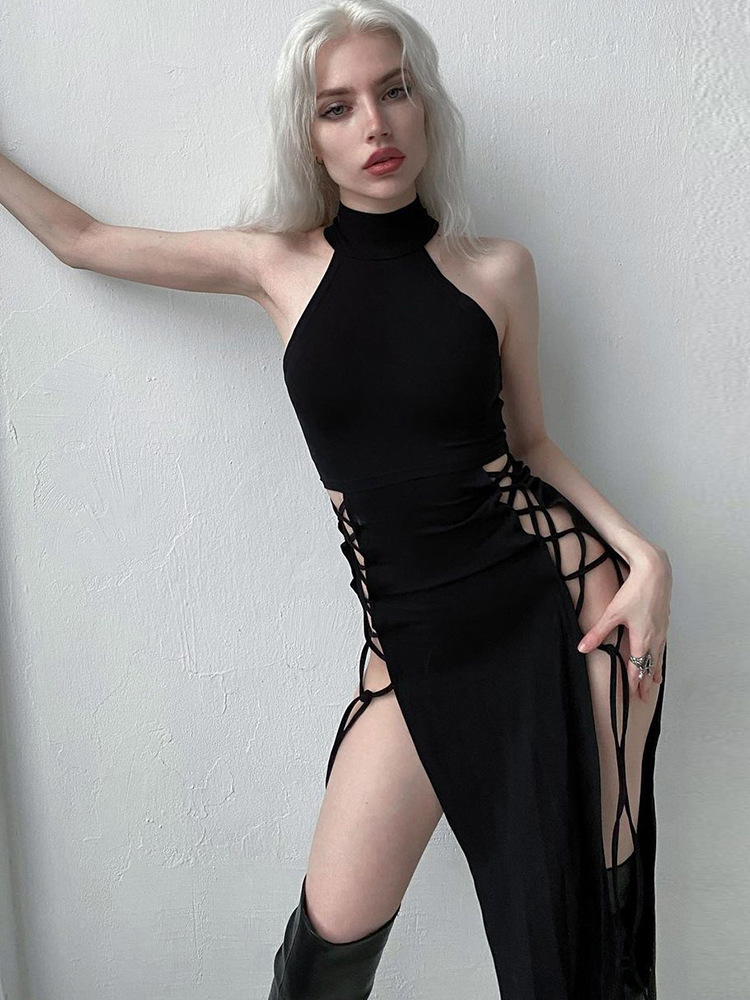 Cowl Cutout High-Waist A-Line Twin Split Dress