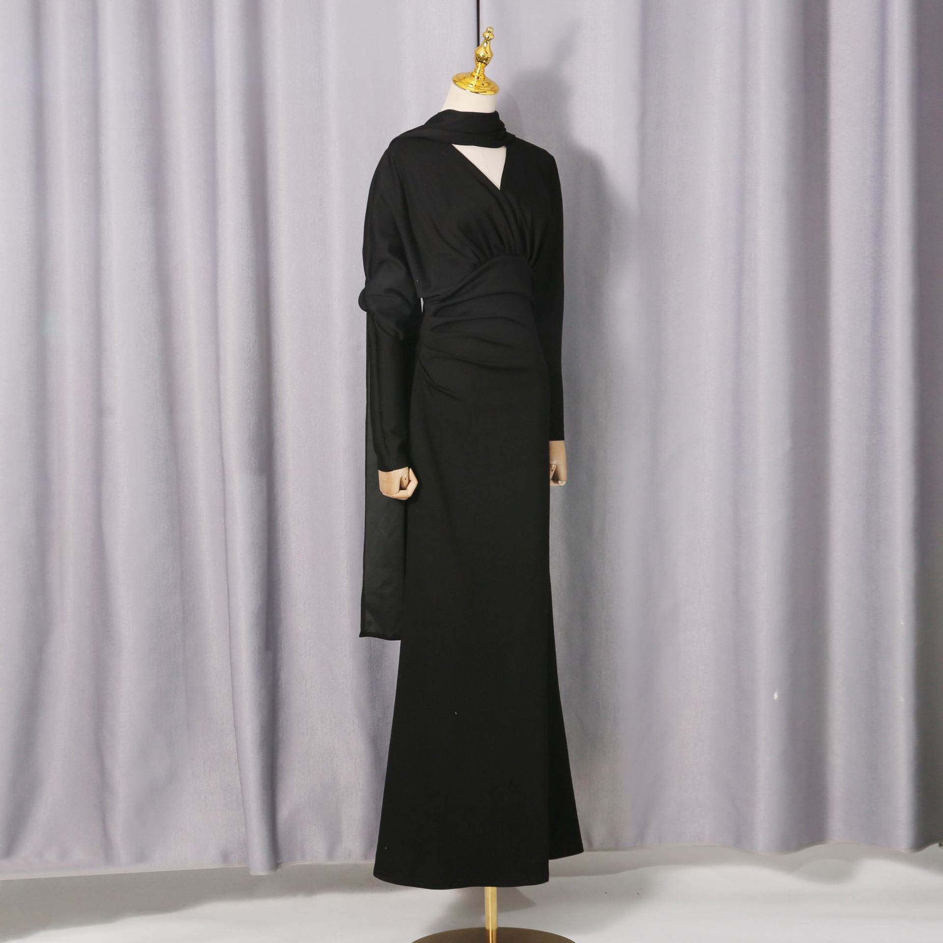 Tailored Polyester Maxi Dress with Ruched Bodice