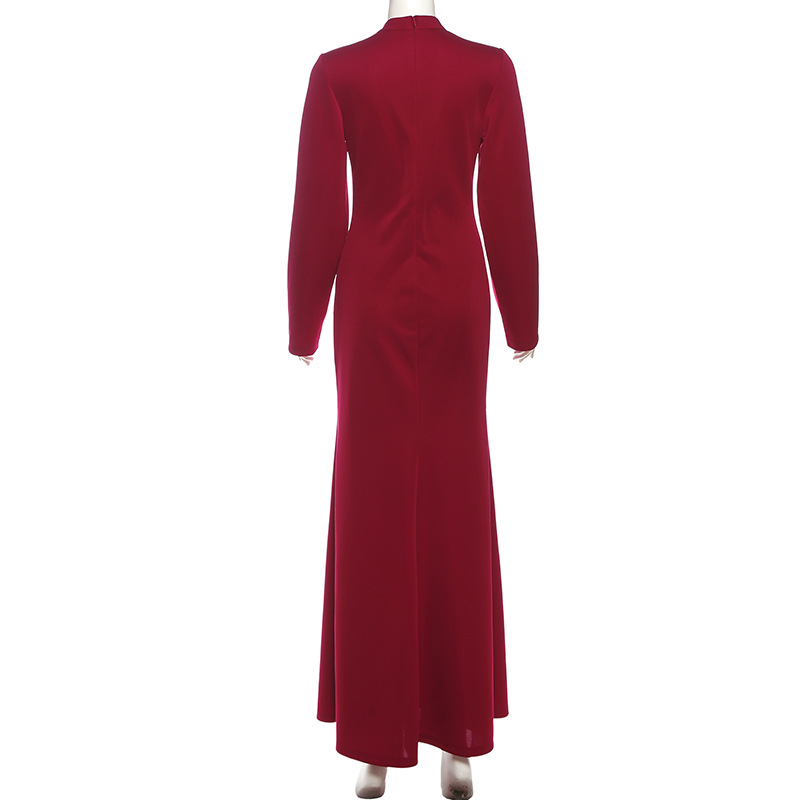 Plunging Neckline Long Sleeve Cinched Torso Vented Dress