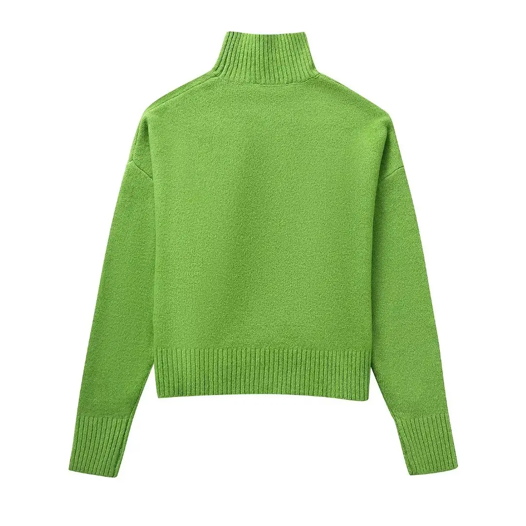 Ladies Olive Mock Neck Cropped Knit Sweater