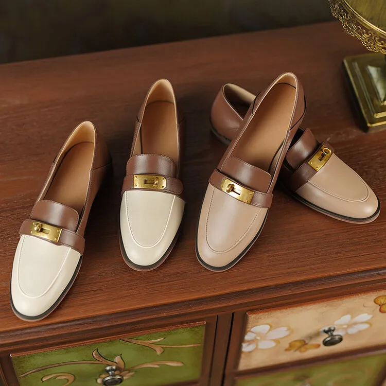 Blapunka Women Genuine Leather Loafers Designer Metal Lock Mix-color Slip-on Flat Shoe Ladies Spring Autumn Casual Comfort Flats