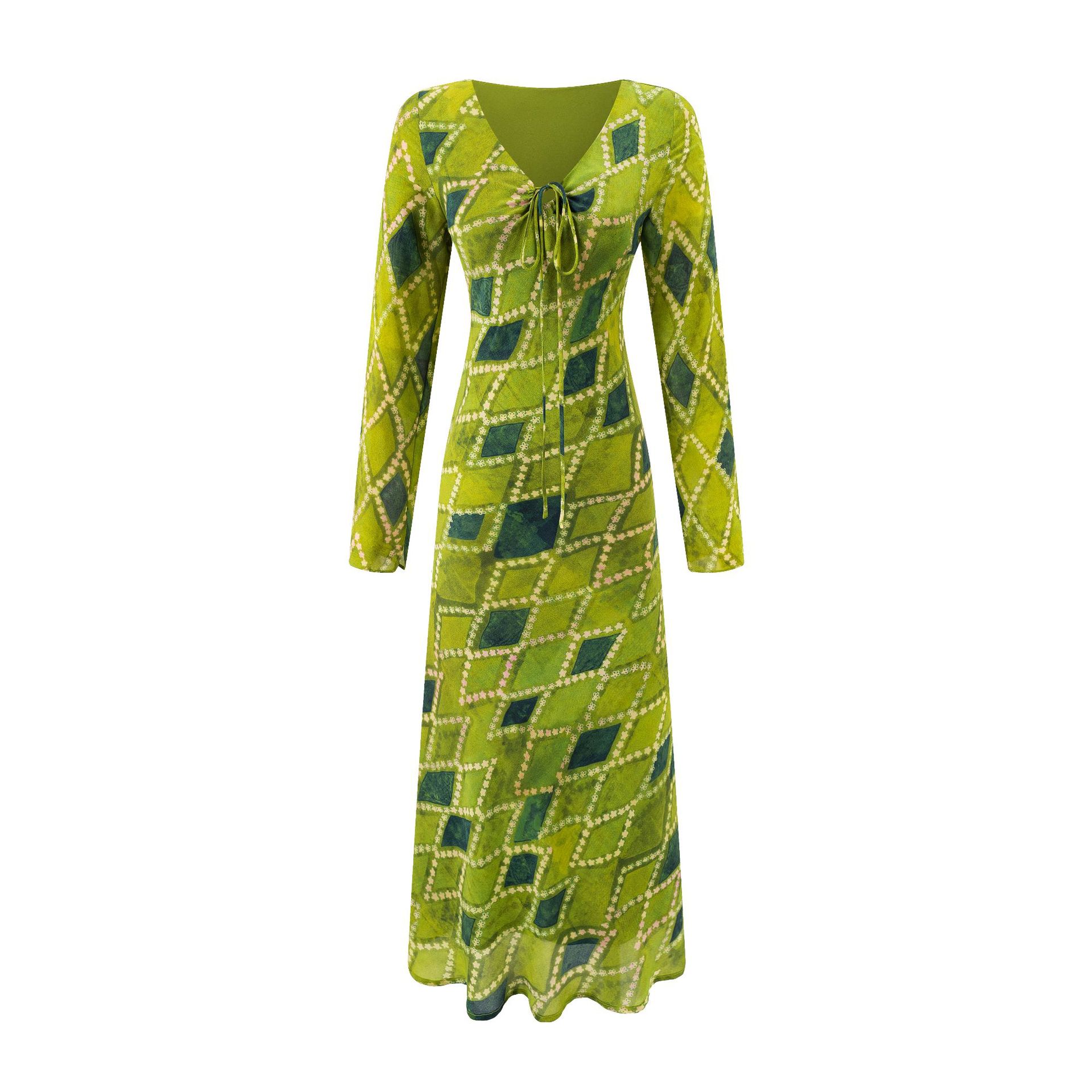 V-Neck Tie-Strap Long Sleeve Waist-Cinching Figure-Flattering Maxi Dress
