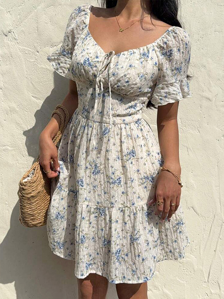 U Neck Puff Tie Waist Frilled Midi Dress