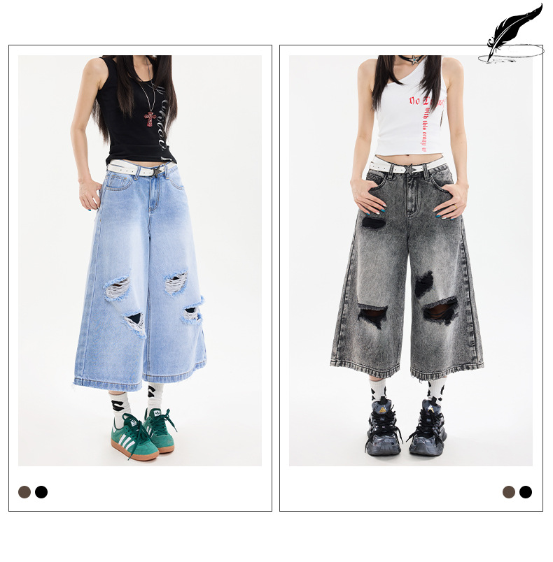 Black Gray Hole Seven-Point Denim Pants Women Vintage Wide-Leg Straight Leg Pants High Street Trendy