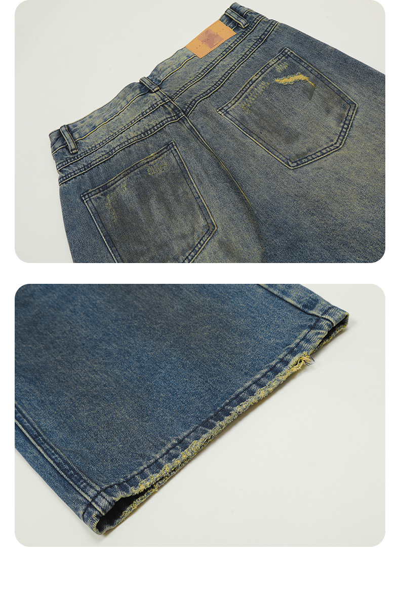 Distressed Pleated Denim Pants for Men and Women Straight Loose Casual Slim Wide-Leg Long Pants