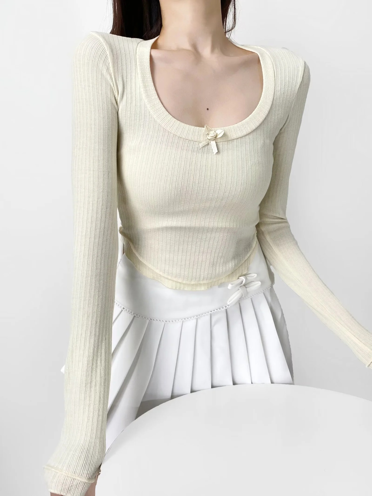 Cotton Crew Collar Full Sleeve Fitted Ribbon T-Shirt