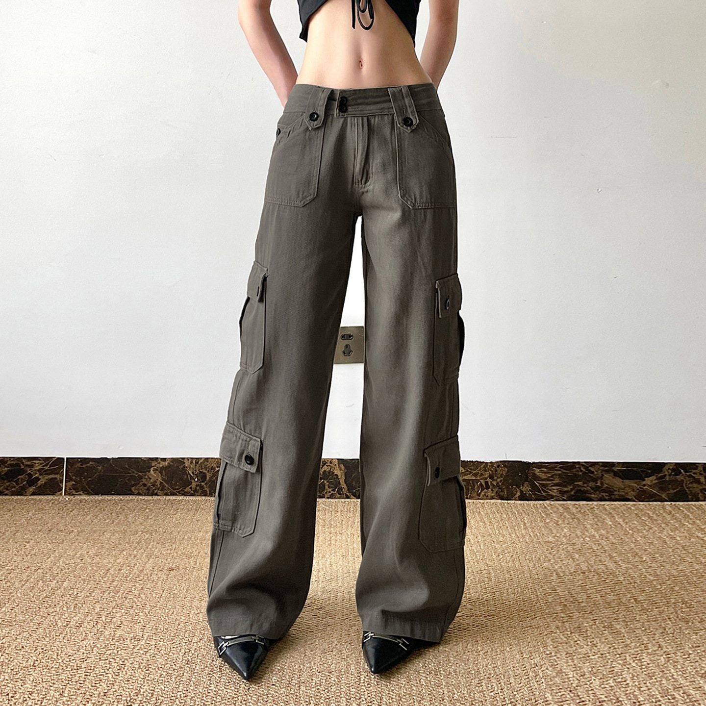 Low waisted workwear women's double row buckle multi pocket splicing straight leg wide leg jeans
