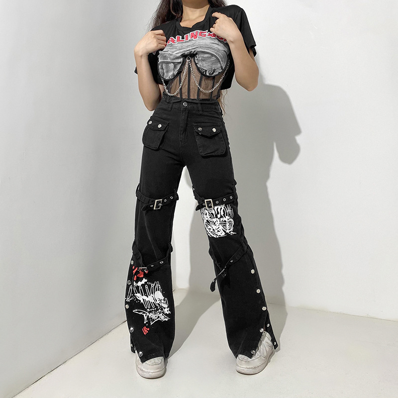 Metal buckle contrasting print high waisted workwear jeans for women