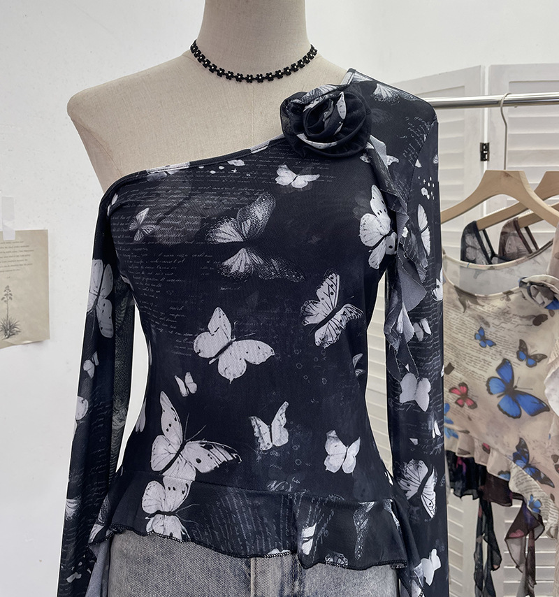 Asymmetric Pointed Floral Off-Shoulder Full Sleeve Top