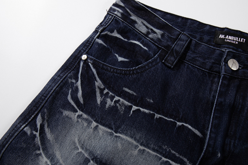 Retro Washed Lightning Pattern Men's Long Pants, INS Autumn Trendy Streetwear, Cool and Versatile Slightly Flared Jeans