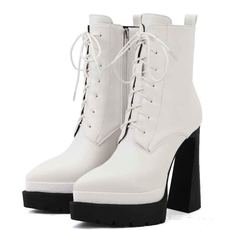 Autumn Winter Women Ankle Boots Elegant Office Ladies Party High Heels Pointed Toe Platforms Genuine Leather Shoes