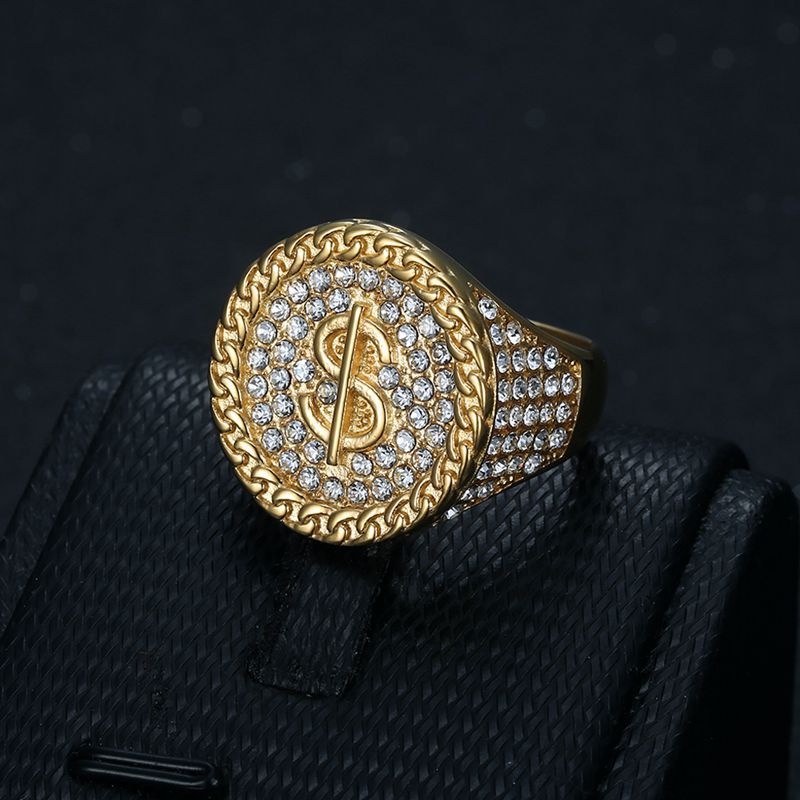 Nightclub New Ring Titanium Steel Plated Water Diamond Dollar Symbol Men's Ring