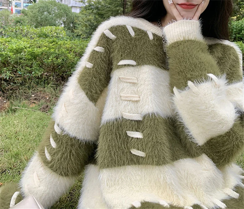 Ladies Fall Two-Tone Oversized Stretch Acrylic Sweater