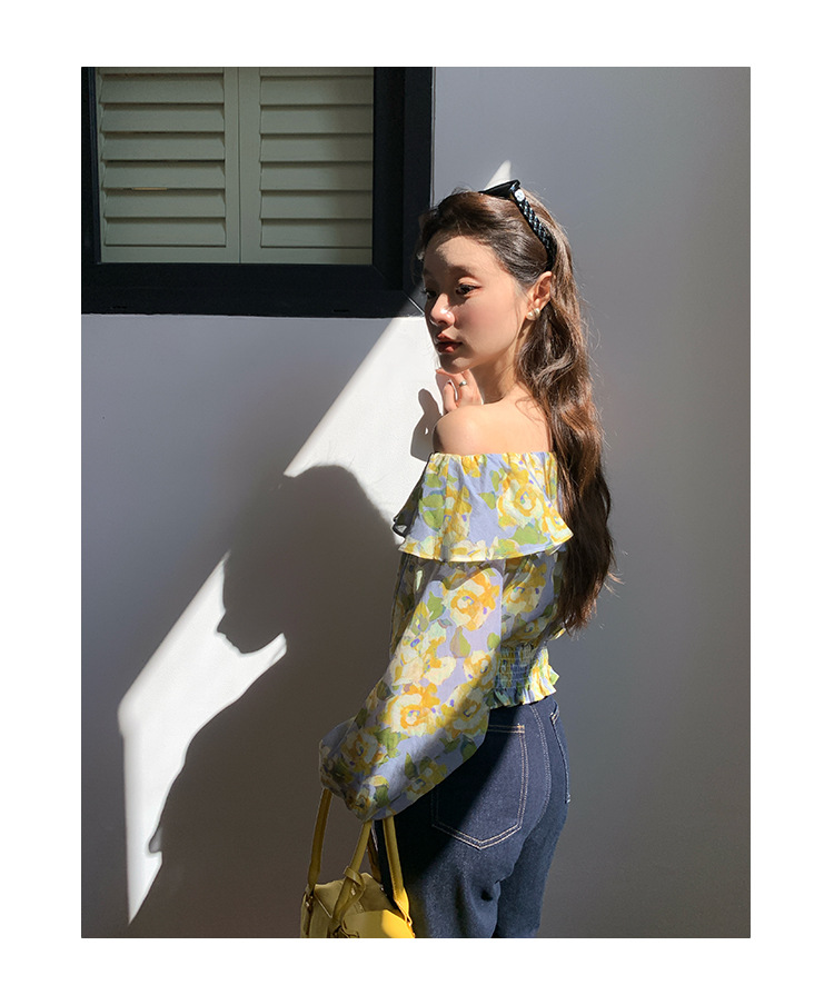 Long Sleeve Lotus Leaf Neck Fragmented Floral Blouse