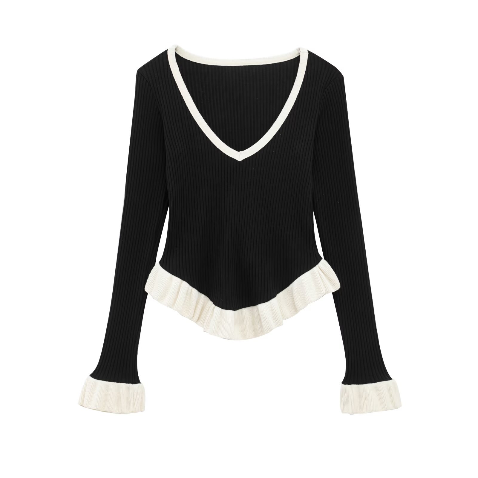 Ladies Solid Long Sleeve Plunge Sweater Tiered Trim