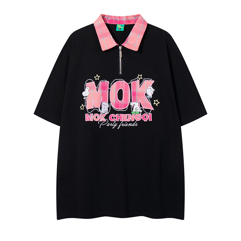Classic Cotton Letter Lapel Zip Oversized T Shirt