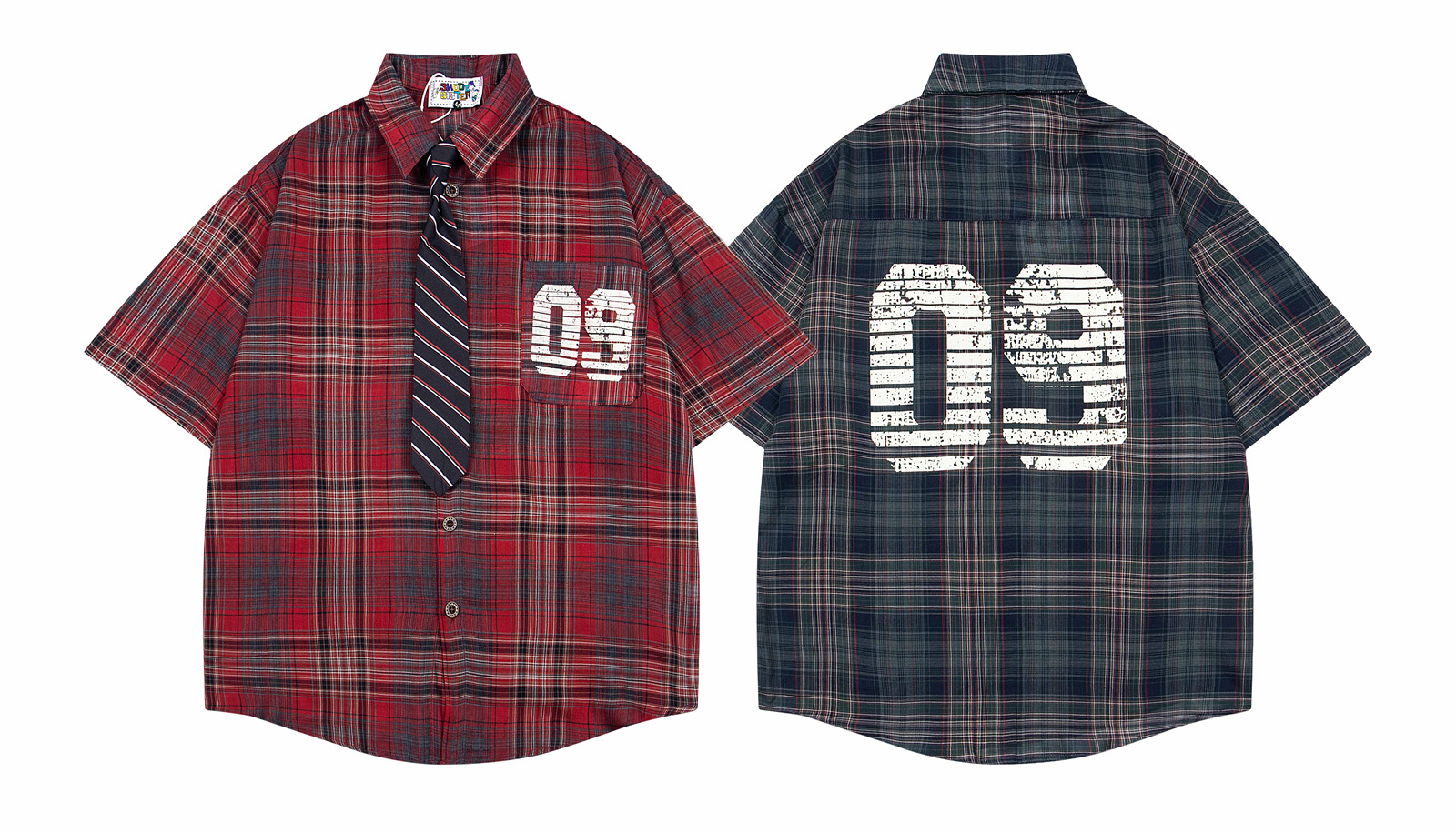 Retro College Style Plaid Short Sleeve Shirt with Tie for Men and Women, Casual Loose BF Couple Fit Blouse