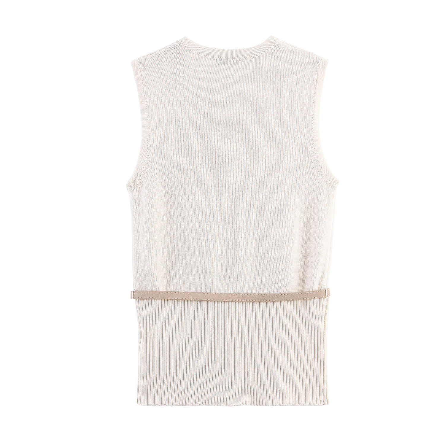 V-neck sleeveless single breasted sweater with belt and knitted top for women
