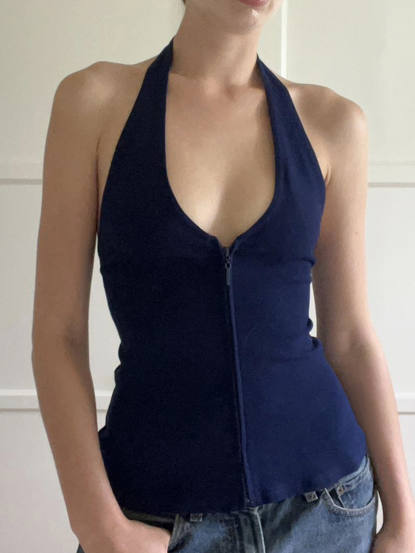 Sexy Low-Cut Zipper Halter Knitted Strap Women's Pure Color Versatile Elegant Slim Top