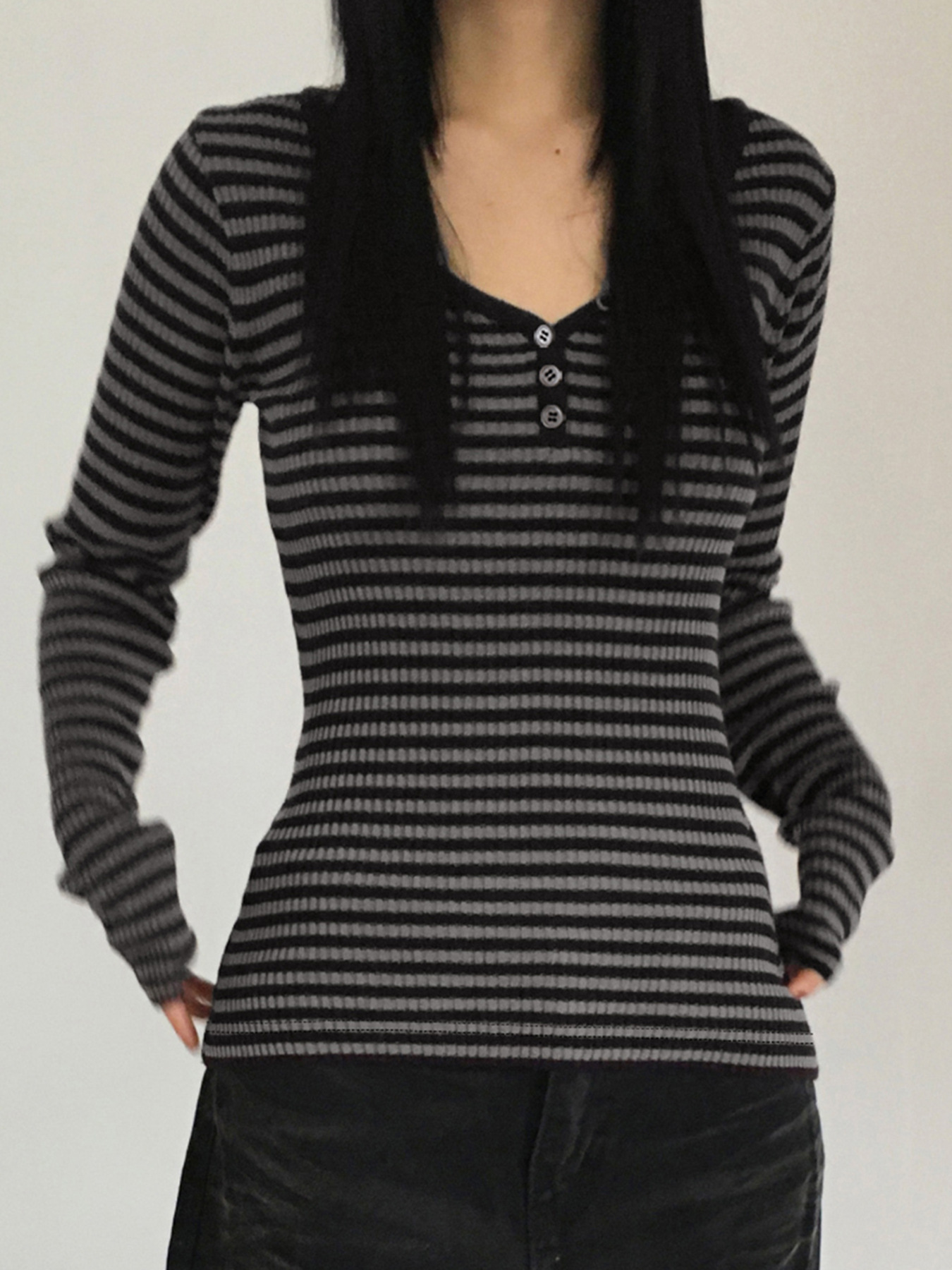 Simple Fashion Striped Color Block Round Neck Basic Long Sleeve Slim Fit Versatile Slimming Casual Short Top