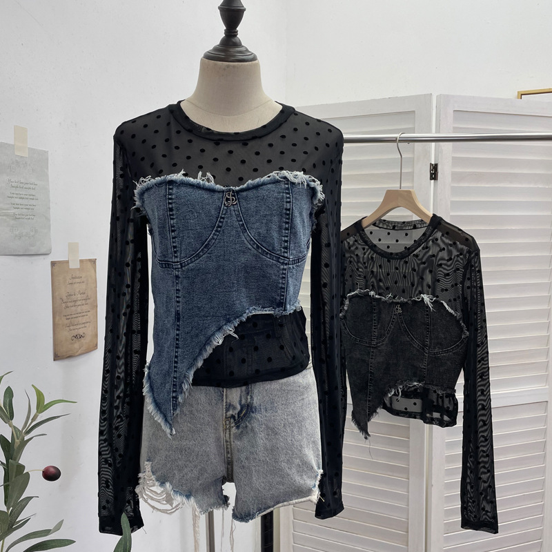 Asymmetric Distressed Jean Tailored Cropped Wrist-Length Tee