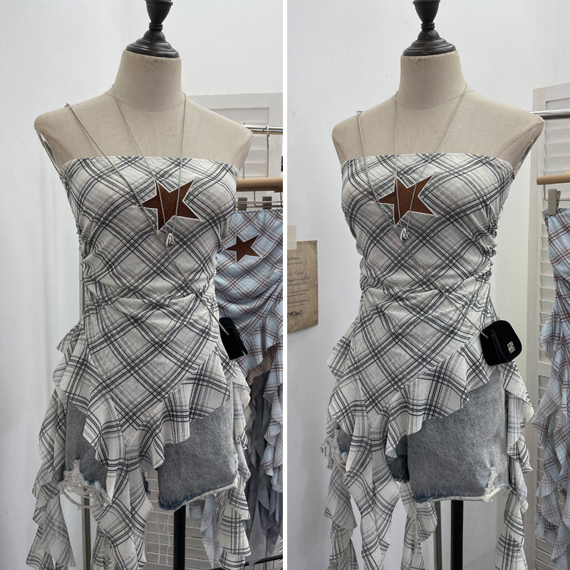 Sultry Asymmetric Plaid Mesh Strapless Top