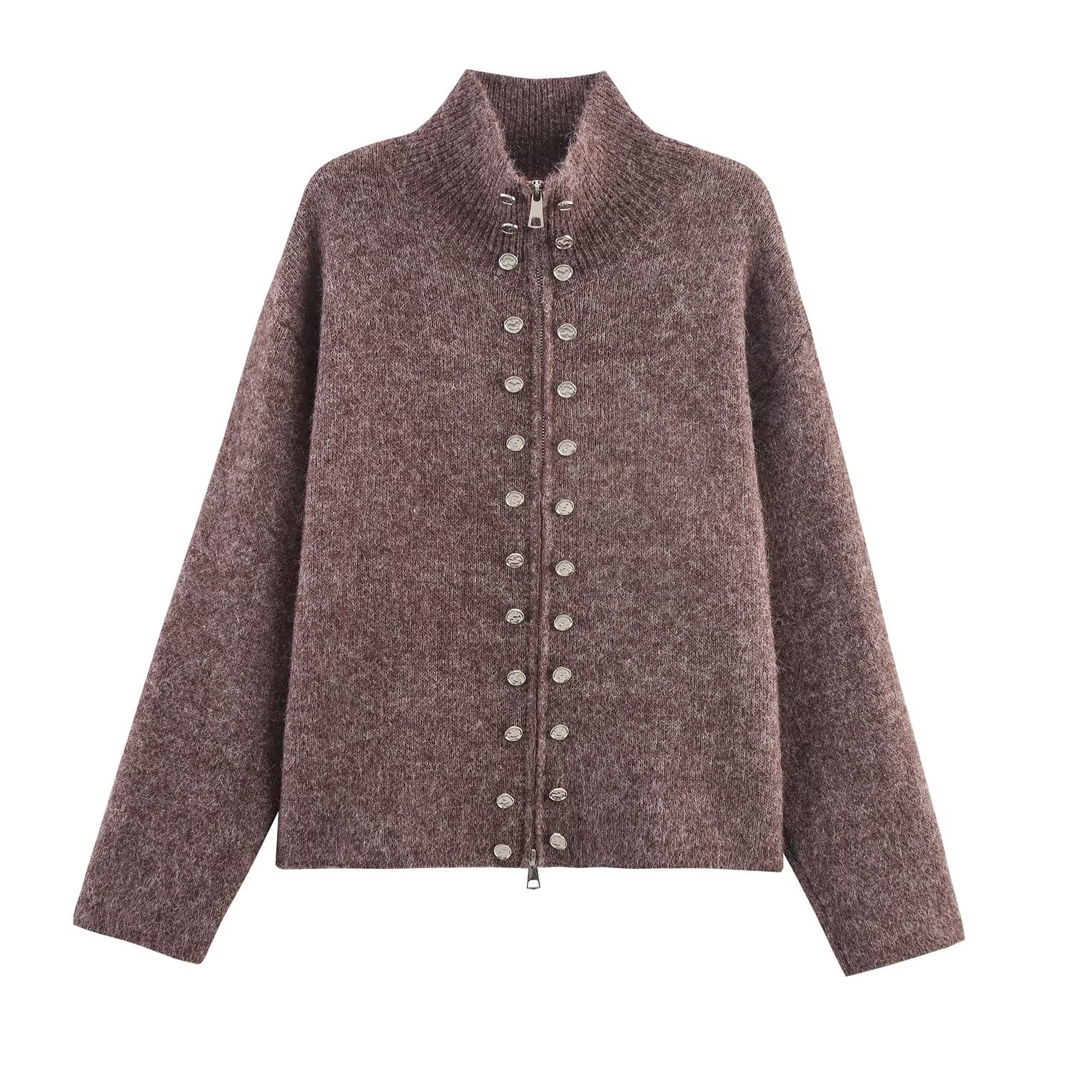Ladies Mock Neck Button Front Full Sleeve Sweater