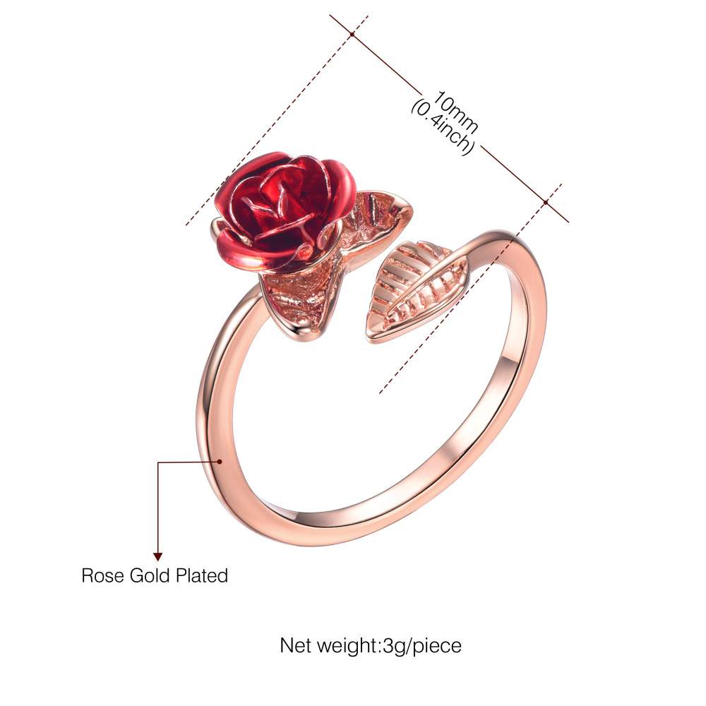 U7 Red Rose Garden Flower Leaves Resizable Finger Rings for Women Valentine's Day Gift Jewelry Hot Sale Open Ring R1019