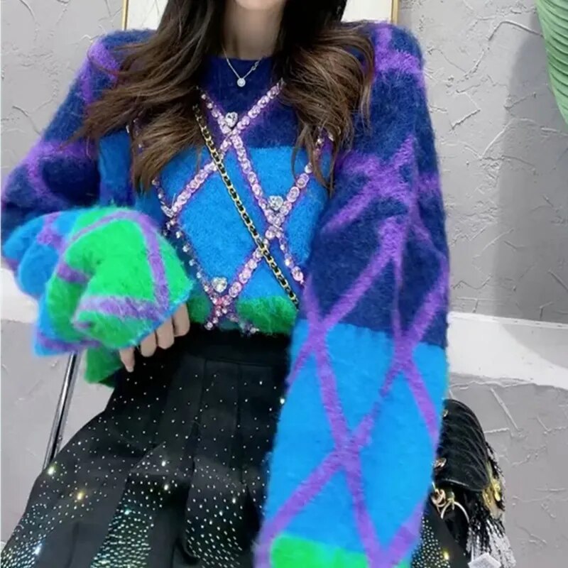 Two-Tone Beaded Cotton Oversized Cropped Sweater
