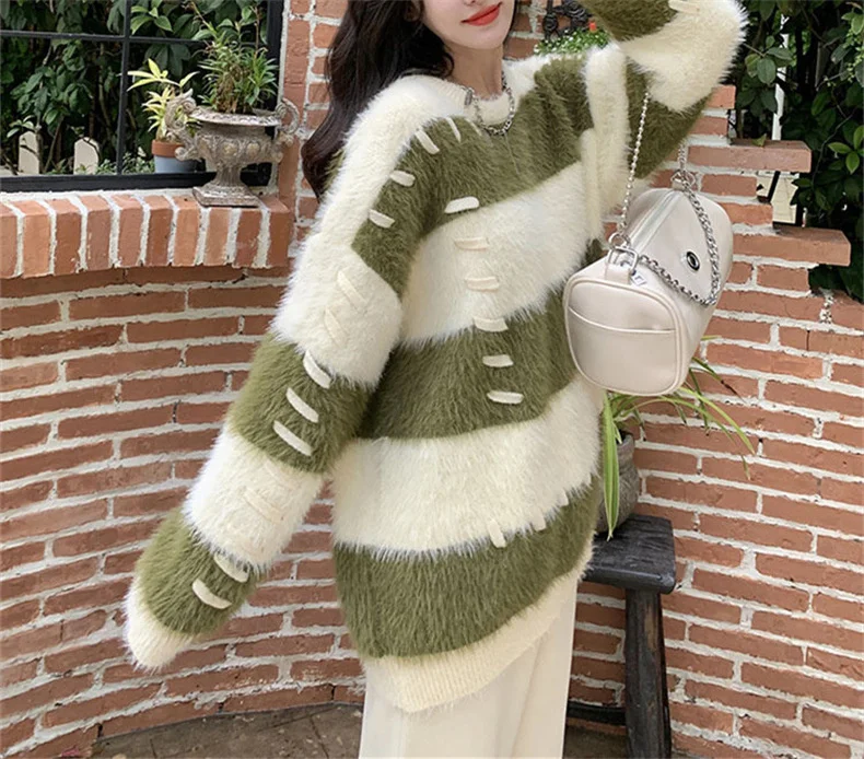 Ladies Fall Two-Tone Oversized Stretch Acrylic Sweater