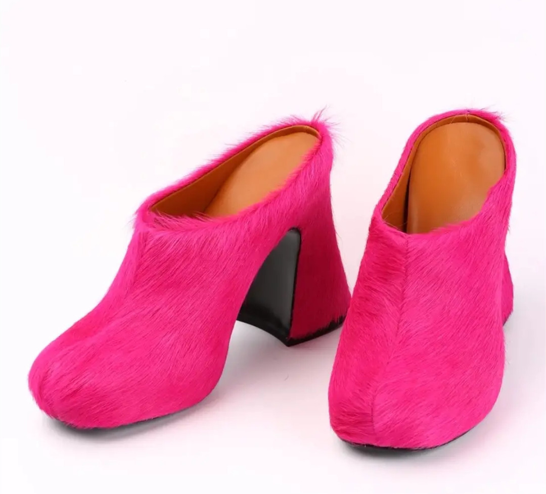 Round headed candy colored genuine leather horse hair with raised height inside casual lazy half slippers for women