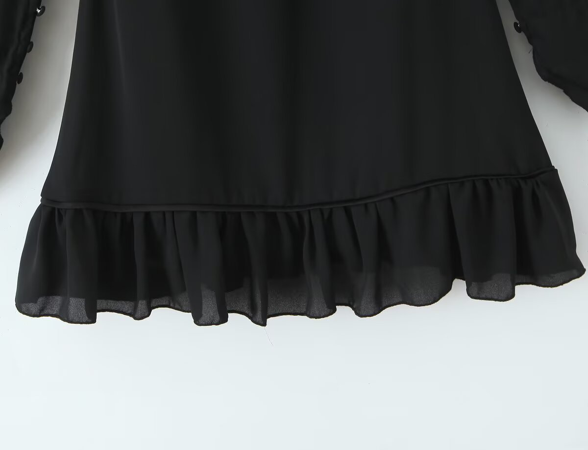 Square collar long sleeved backless black fungus trimmed short dress for women