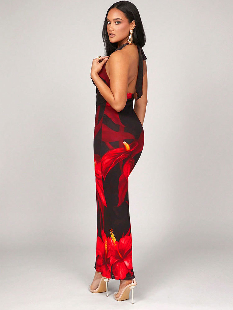 Polyester Round Collar Patterned Dress
