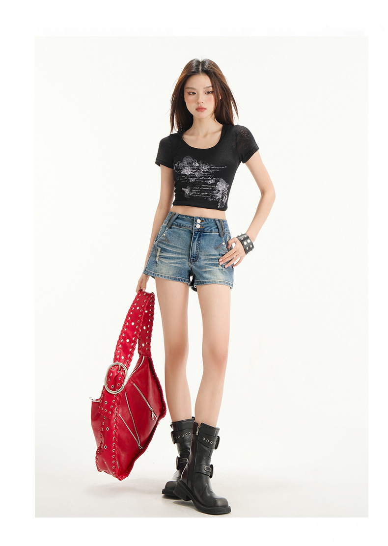 High-Waisted Distressed Denim Shorts for Women Arrival Elastic Outerwear Slimming A-Line Mini Skirt Hot Pants