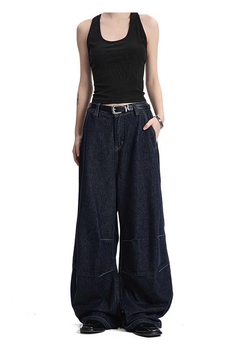 Jeans with Double Knee Tucks Vintage Baggy Deep Blue Denim Pants for Men and Women