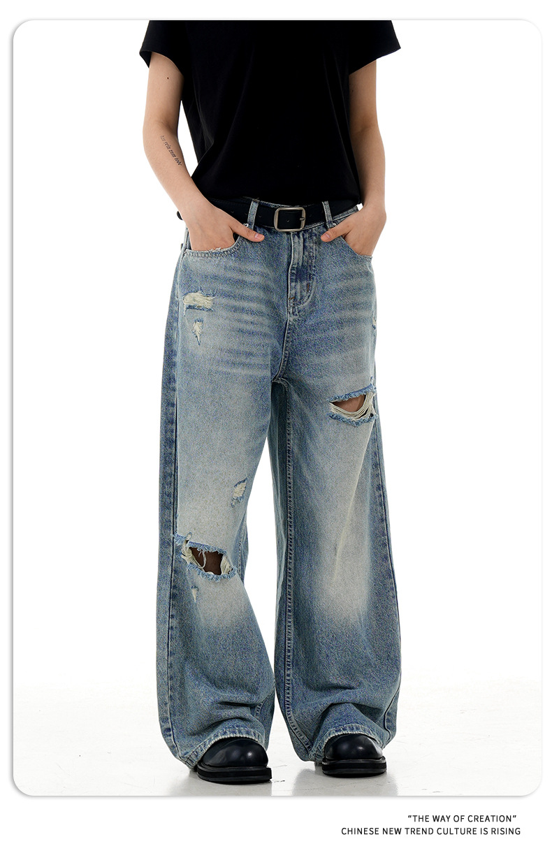 Blue Straight Hole Denim Pants for Men and Women Loose Fit A-Line Wide Leg Casual Long Trousers
